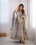 Neelika Grey Anarkali Suit Set – grey designer Anarkali suit for women, embroidered gown with dupatta, plus size ethnic wear, Fandy silk partywear Anarkali, traditional Indian gown set, ready to wear festive outfit, sequin and coding embroidery suit, fully stitched Anarkali gown, wedding guest ethnic dress, elegant Indian party gown for Mehendi and Sangeet.