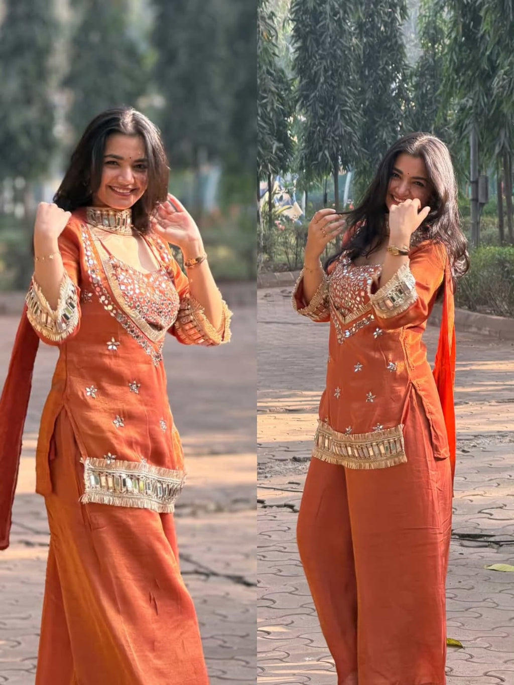 Suhani Orange Fendy Silk Real Mirror Work with Lace Border Kurti Sharara Set