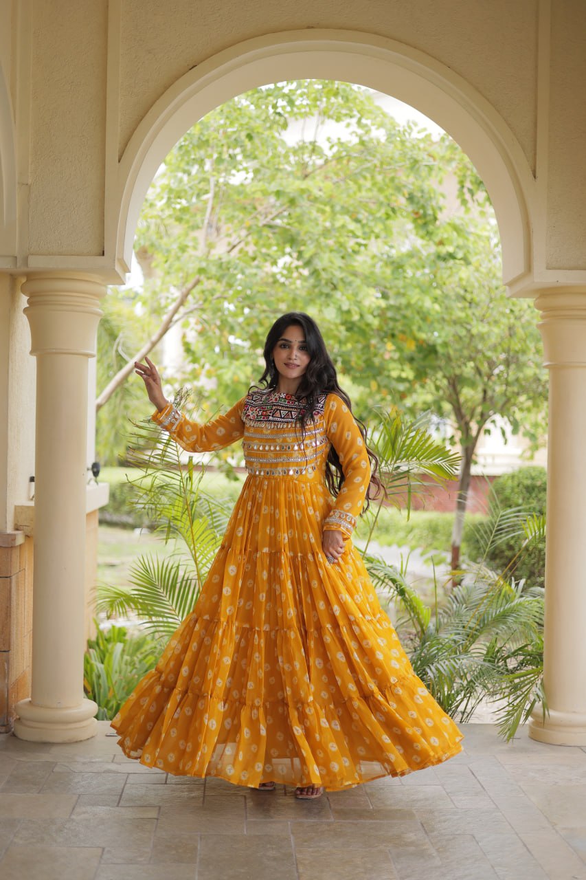 Lavanya Yellow Faux Georgette Bandhani Kutchi Patchwork Gown