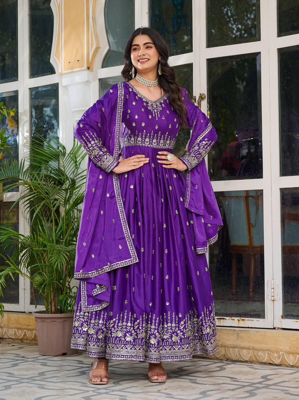 Meghnita Anarkali suit in American Silk with thread & sequin embroidery, padded gown, stitched pant & dupatta—perfect for weddings & festive wear.