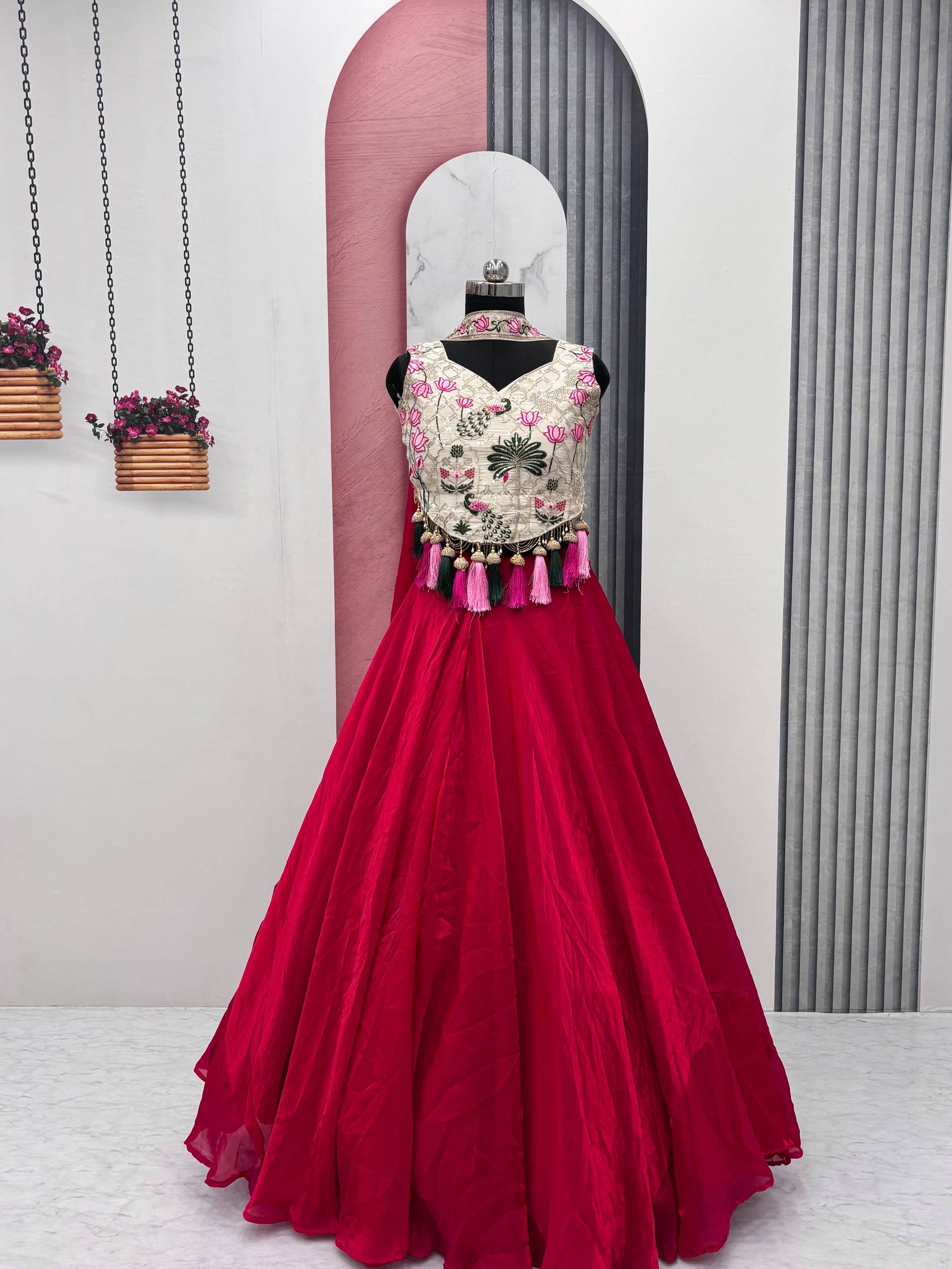 Tanu Pink Color Tissue Silk Sequins Thread Work Lehenga Choli with Dupatta