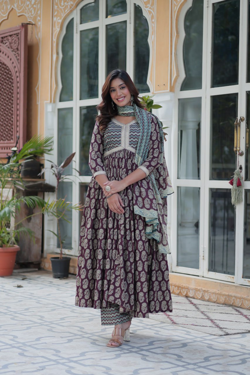 Brown printed pure cotton kurti set for women, lightweight kurti with pant and dupatta, daily wear cotton kurti set, breathable cotton ethnic wear for summer, stylish printed kurta set for casual and office wear, Indian cotton kurti pant set online, elegant brown ethnic suit for women, pure cotton kurti set with traditional print.