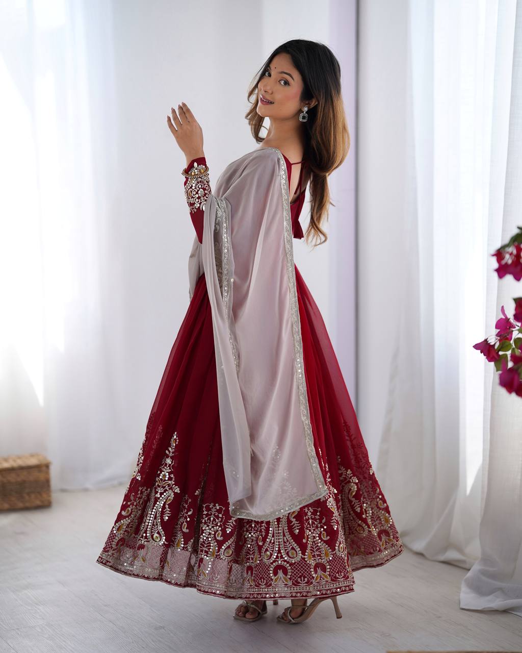 Tejvini Maroon Georgette Embroidered Gown with Dupatta