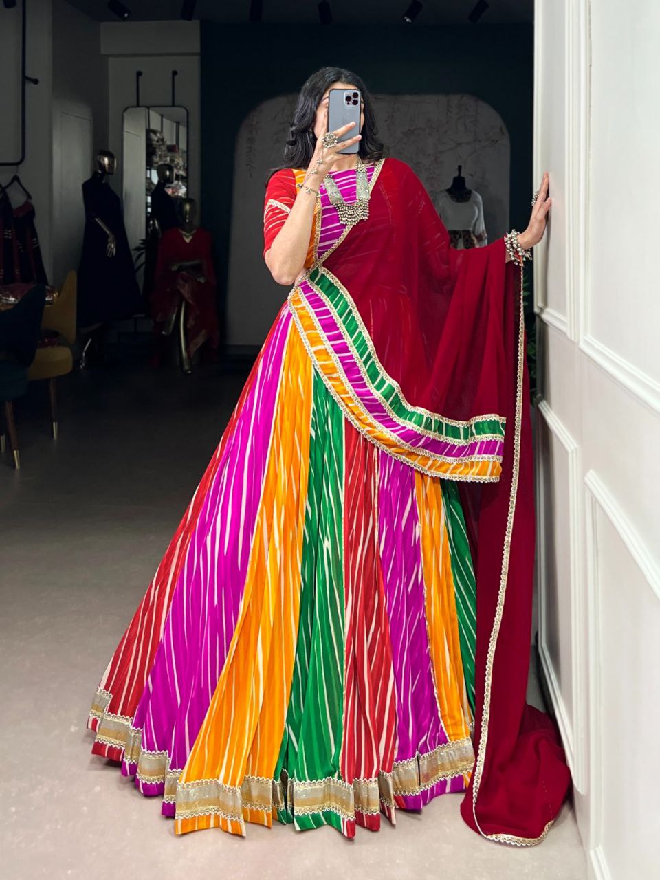 Multicolor georgette Leheriya print lace work Navratri lehenga choli