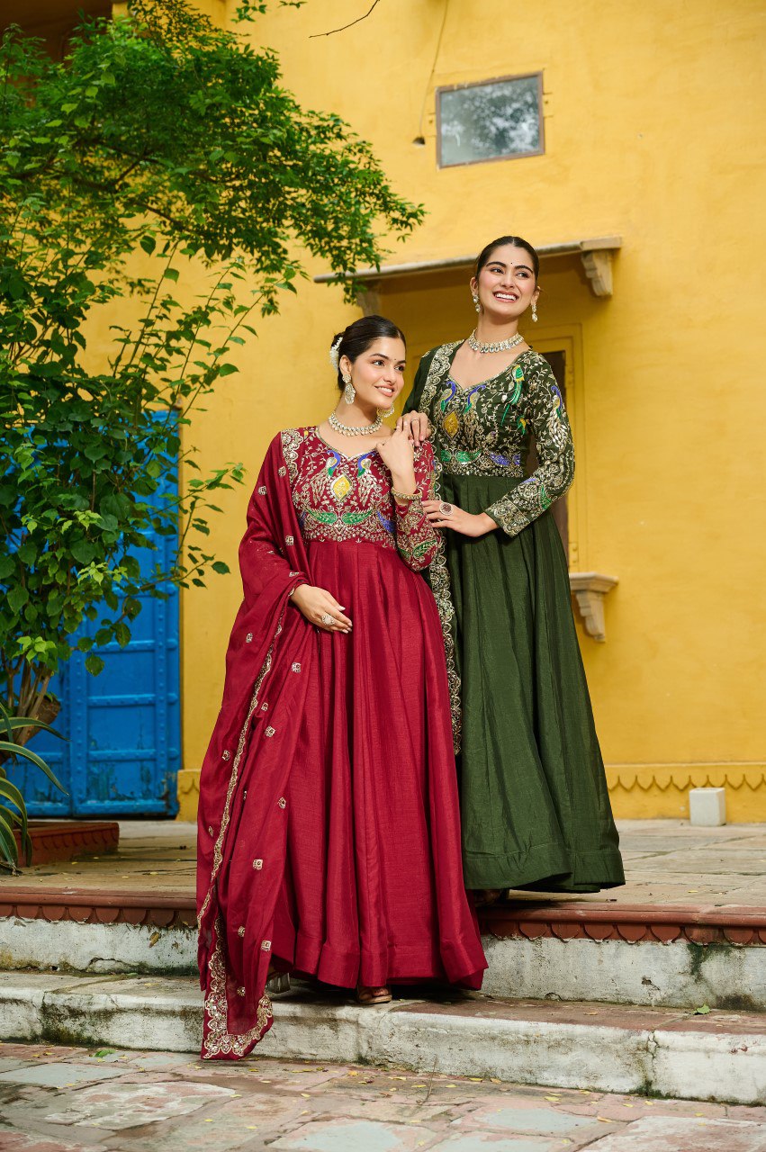 Maroon Vichitra Silk Multi Thread Zari Embroidery Gown with Dupatta