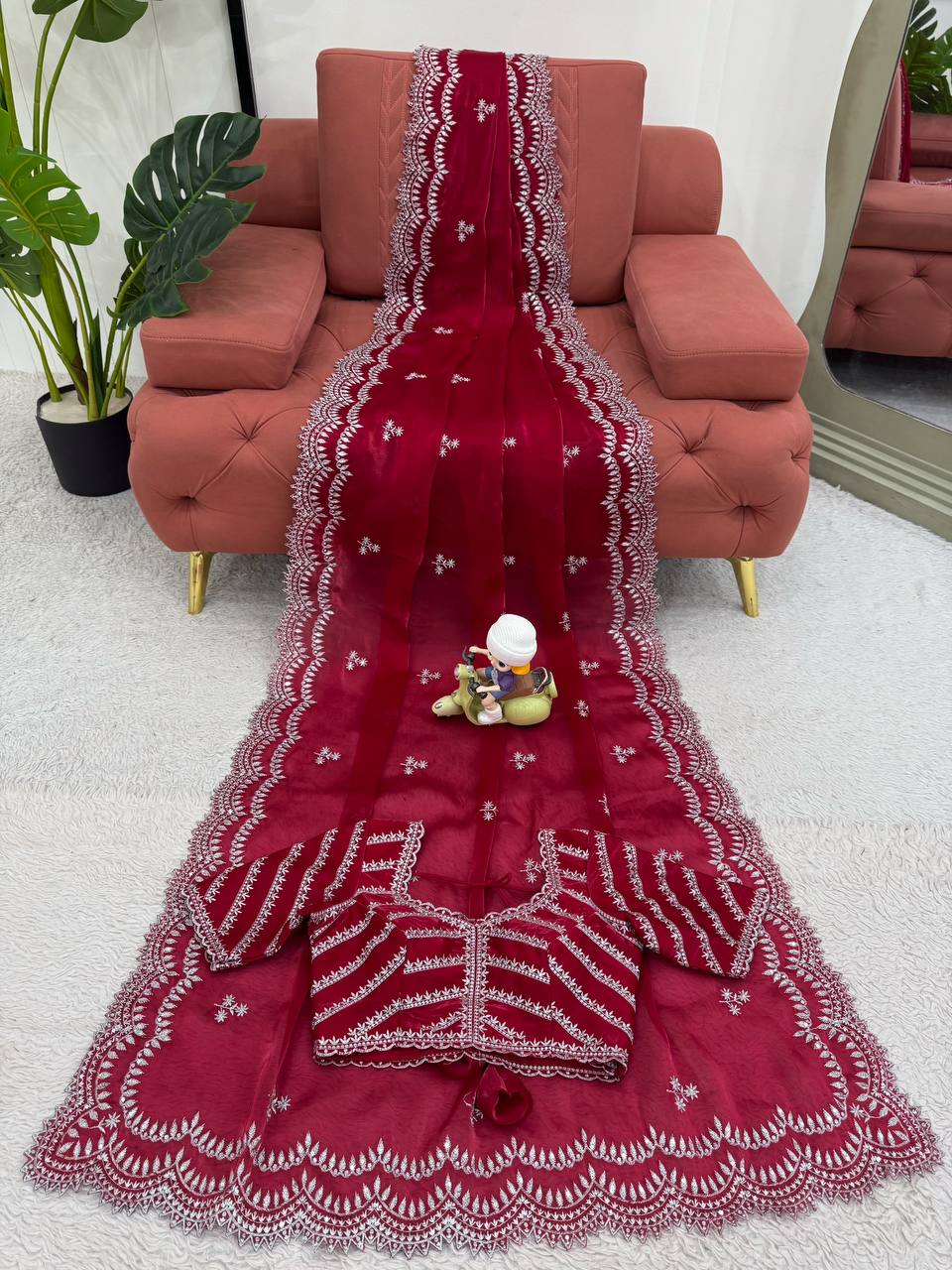 Vikatya red Jimmy Choo fabric saree with thread & sequin embroidery, unstitched blouse—perfect for weddings, parties & festive wear.