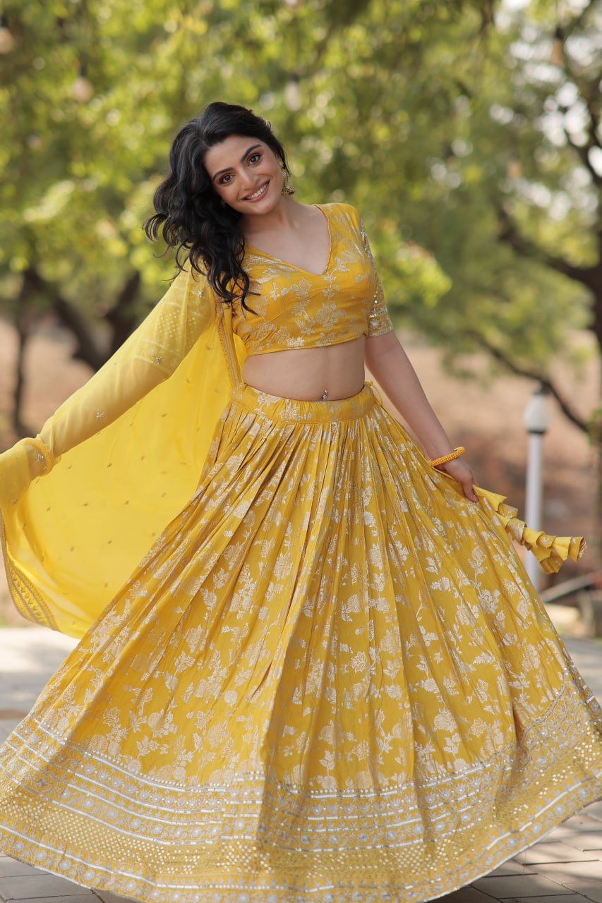 Pranshi yellow viscose jacquard lehenga choli set