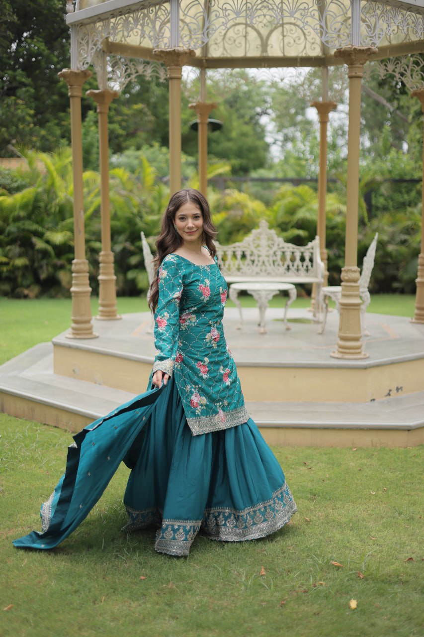 Medhasvi Teal Chinon Embroidered Kurti Sharara Set