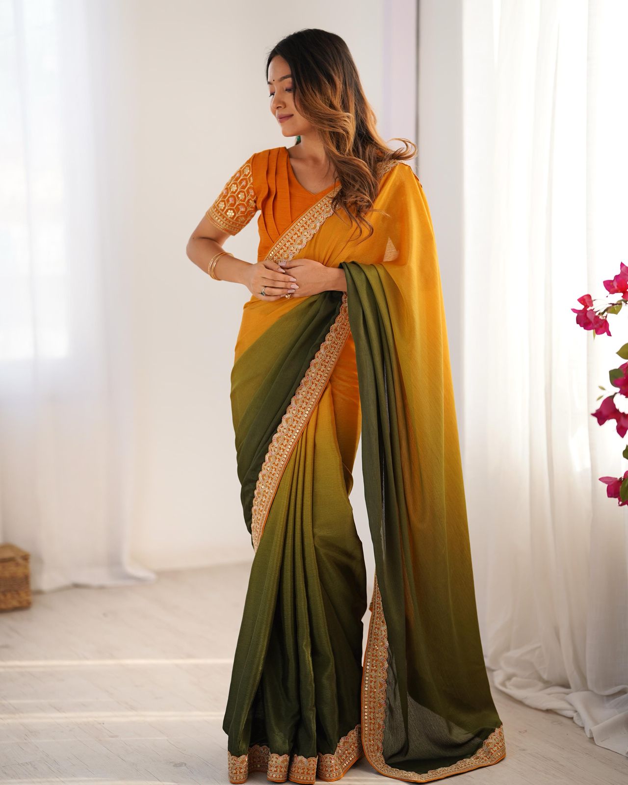 Shanvika yellow green pure Chinon silk saree featuring intricate thread embroidery and sequin lace border, paired with unstitched Mono Benglori embroidered blouse fabric – ideal for weddings, festive occasions, and party wear 