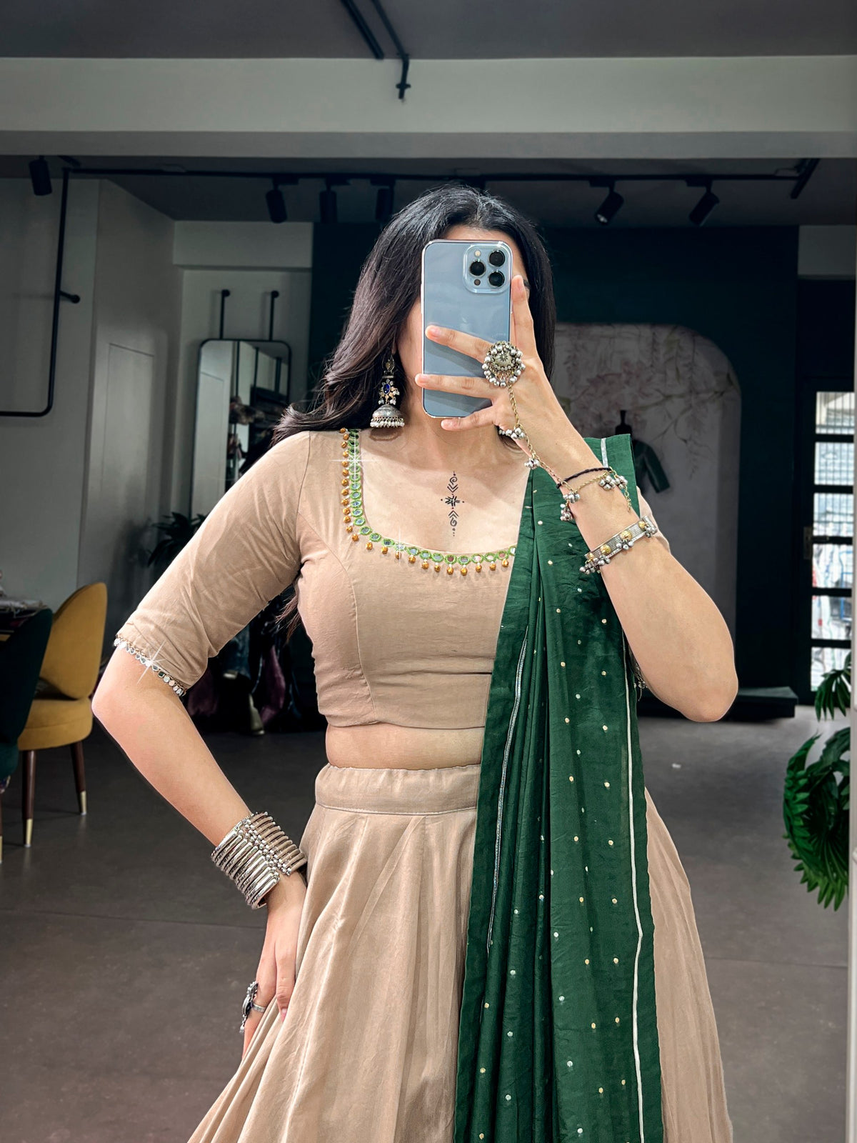 Jiya Beige Chanderi Embroidered Lehenga