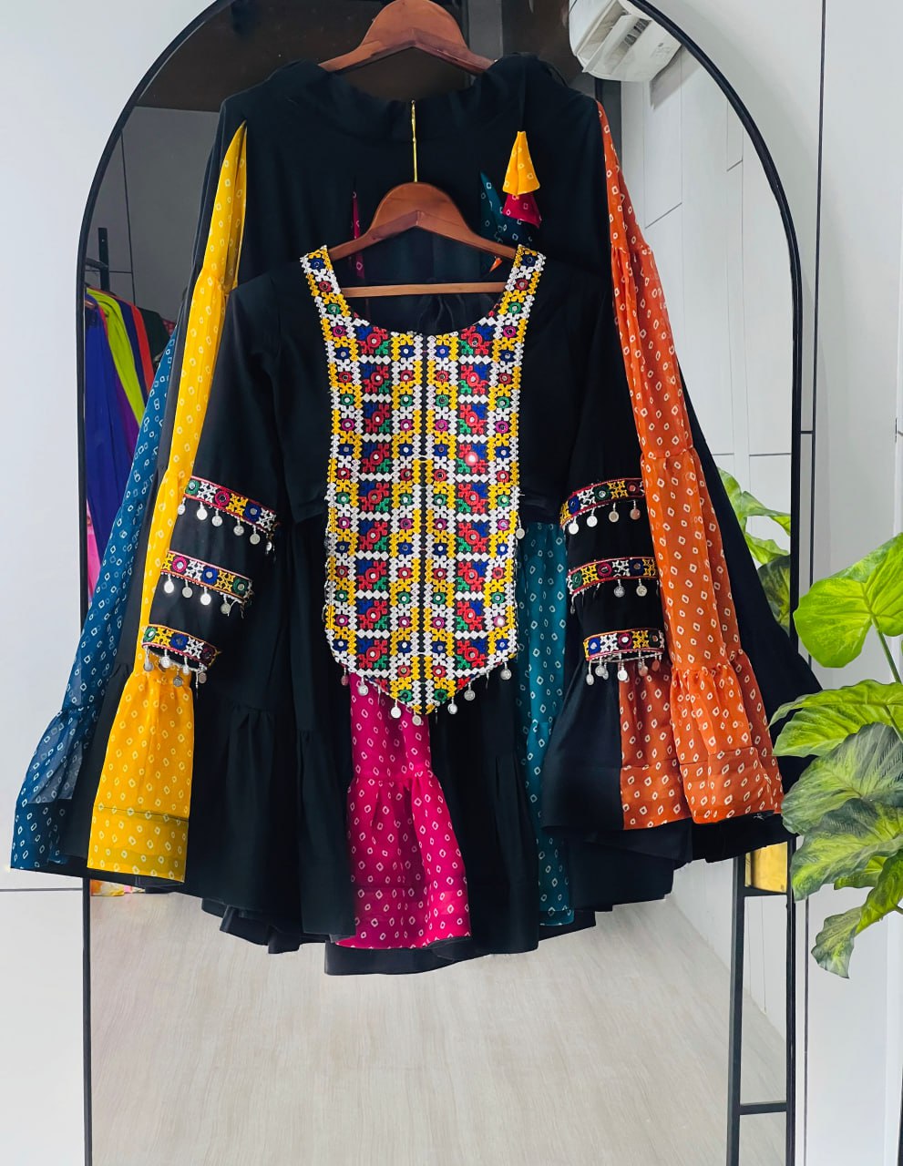 Black multicolor rayon cotton Bandhani print Kutchi mirror work top lehenga