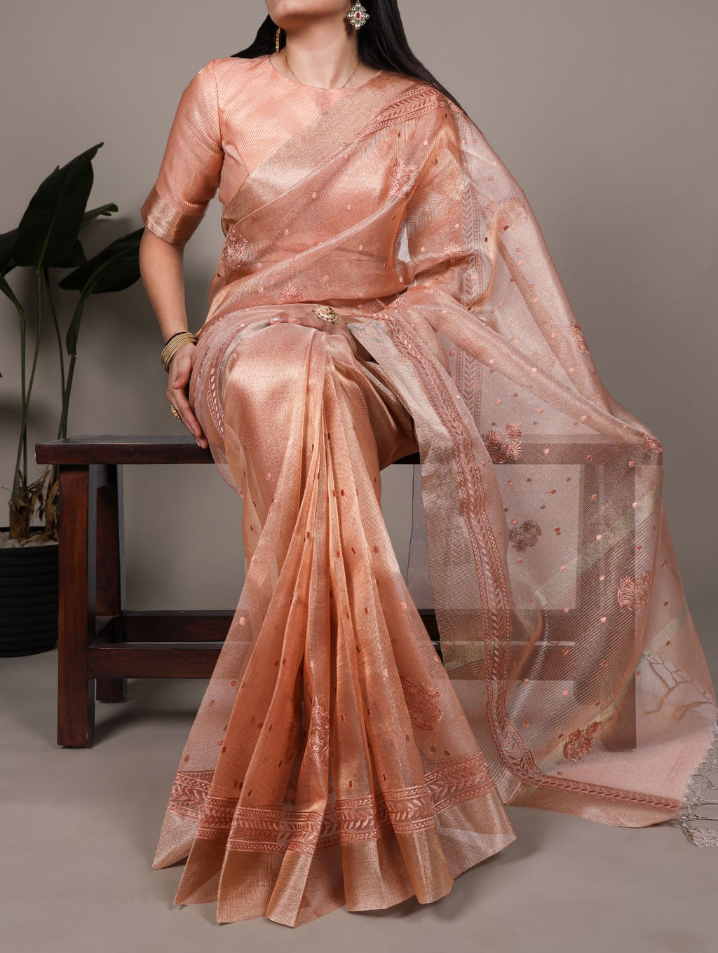 Orange Color Poly Shimmer Thread Embroidered Saree with Unstitched Blouse
