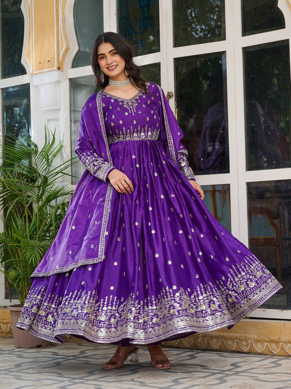 Meghnita Anarkali suit in American Silk with thread & sequin embroidery, padded gown, stitched pant & dupatta—perfect for weddings & festive wear.