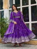Meghnita Anarkali suit in American Silk with thread & sequin embroidery, padded gown, stitched pant & dupatta—perfect for weddings & festive wear.