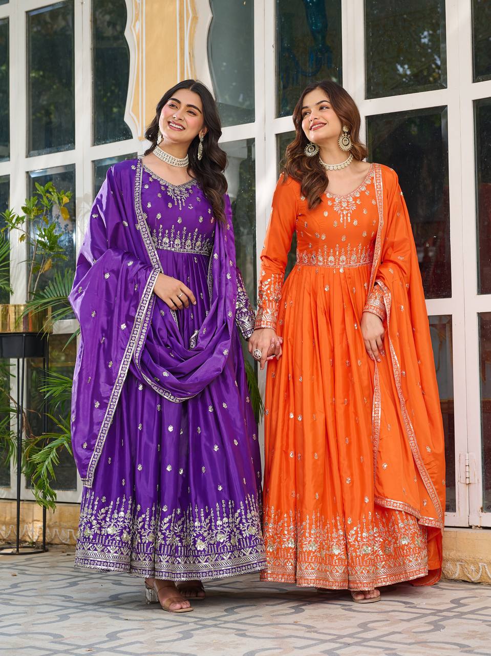 Meghnita Anarkali suit in American Silk with thread & sequin embroidery, padded gown, stitched pant & dupatta—perfect for weddings & festive wear.