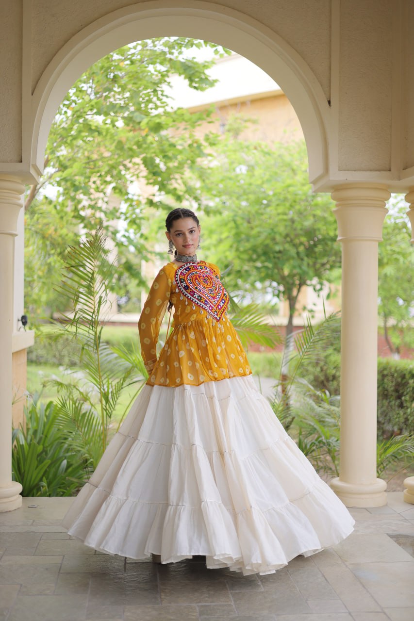 Charvi Yellow Kora Cotton Bandhni Kutchi Gamthi Lehenga
