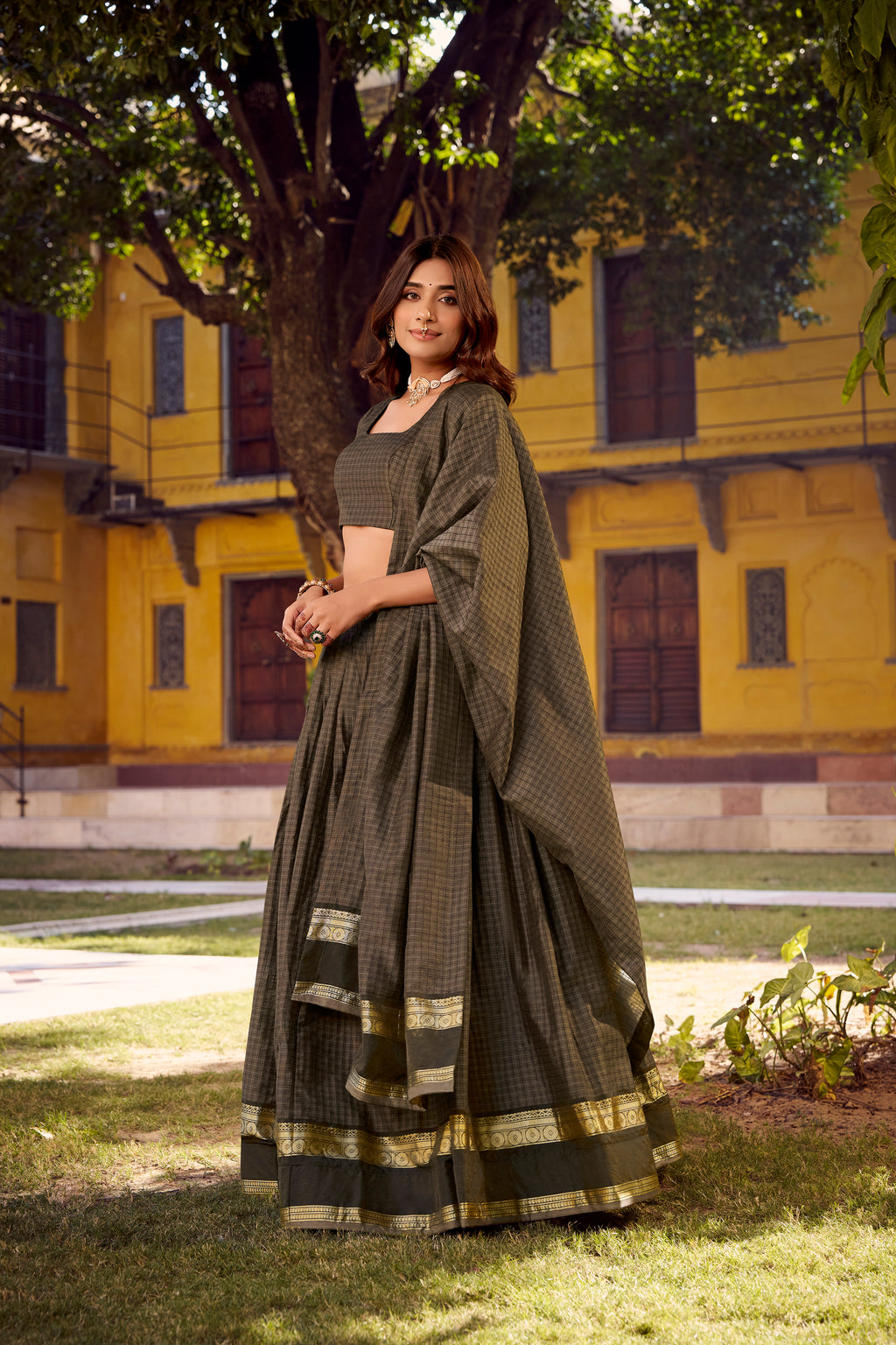 Rimi Grey Color Chettinad Cotton Chex With Zari Weaving Work Half-Saree Lehenga