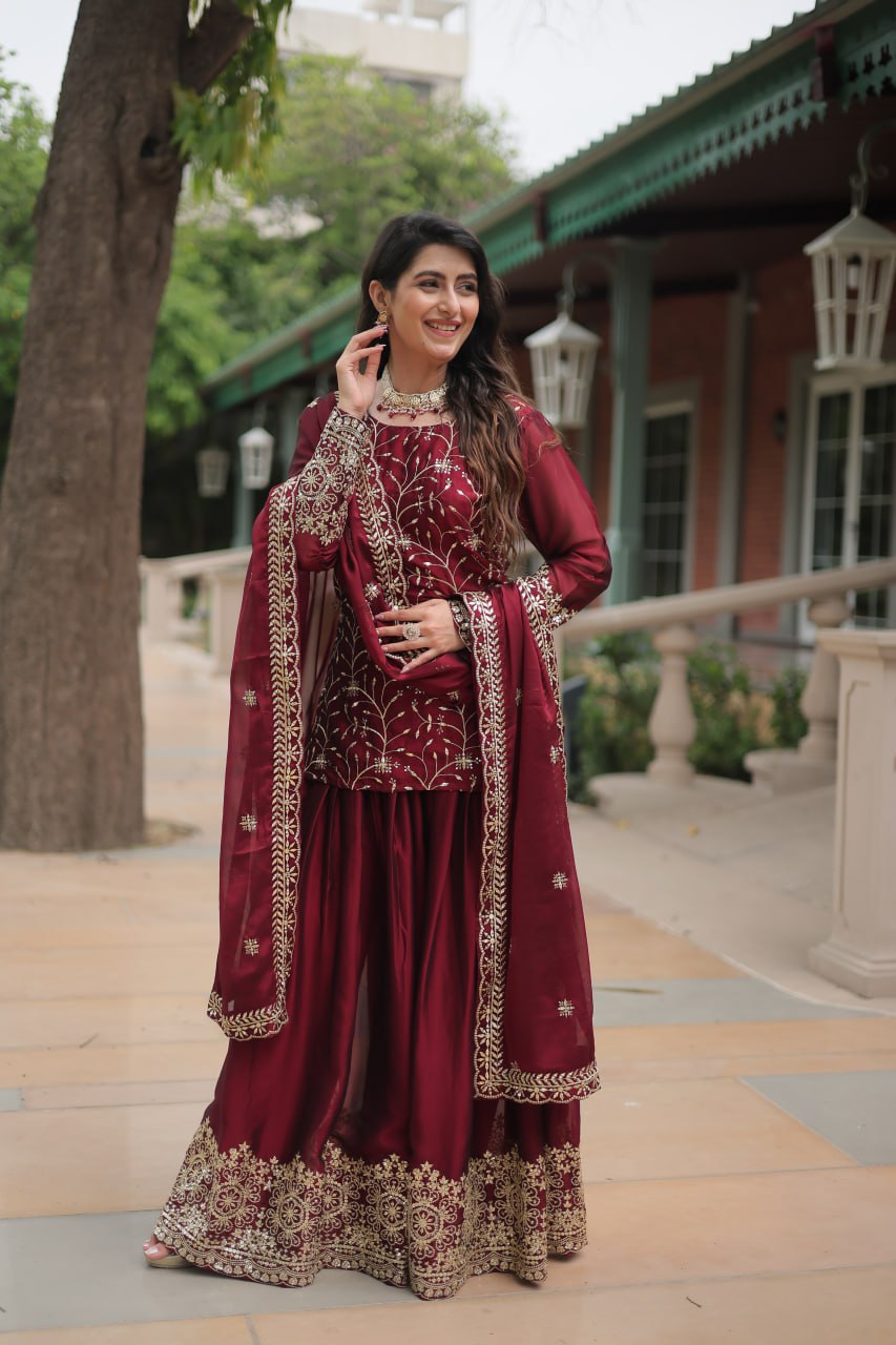 Hitanshi Maroon Rangoli Silk Embroidered Kurti Plazzo Set