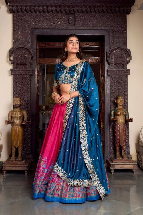 Blue tussar silk foil print lehenga choli with embroidered dupatta