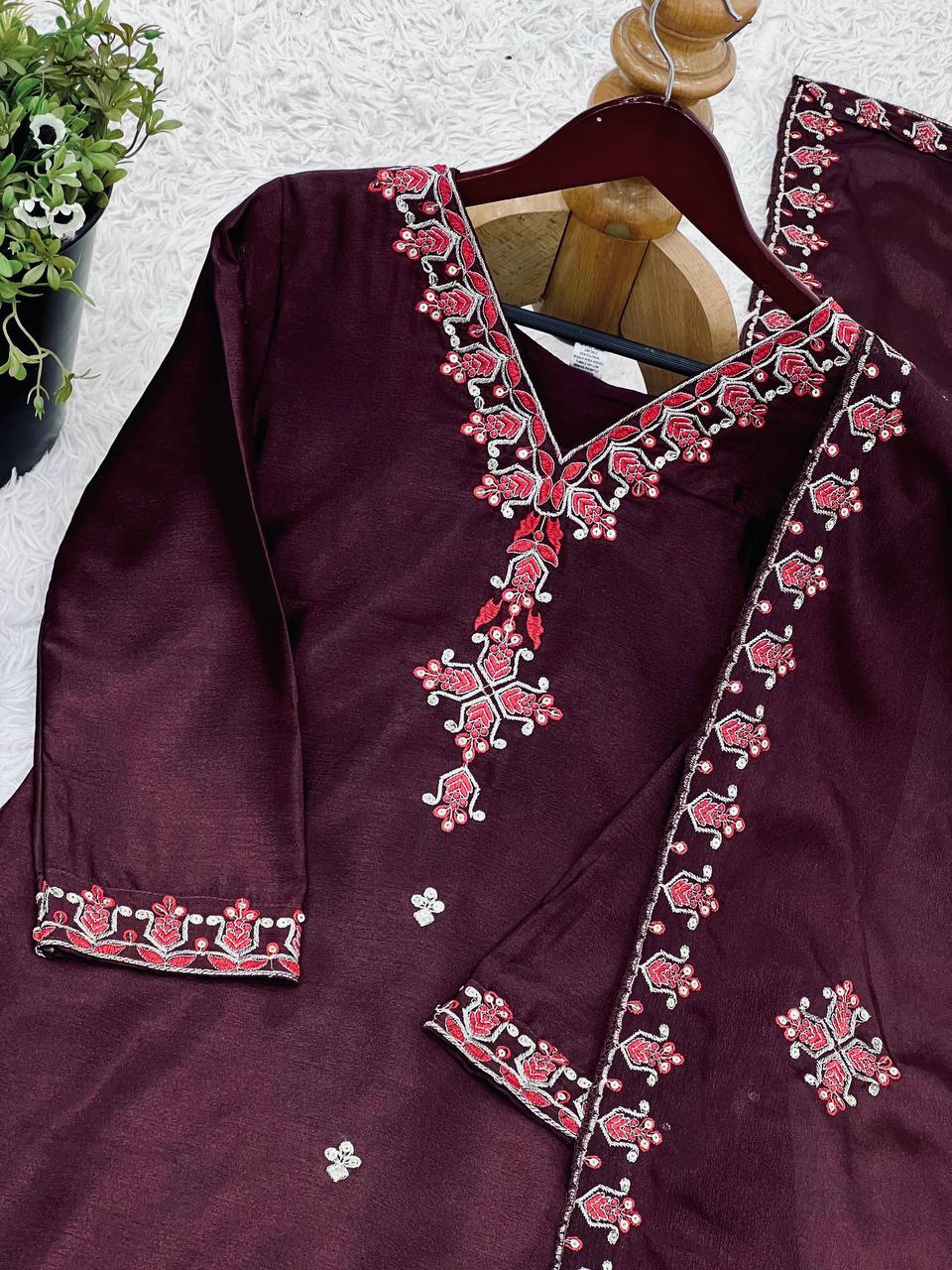 Anvitha Pure Chinon Silk Brown Kurti Set with Dupatta