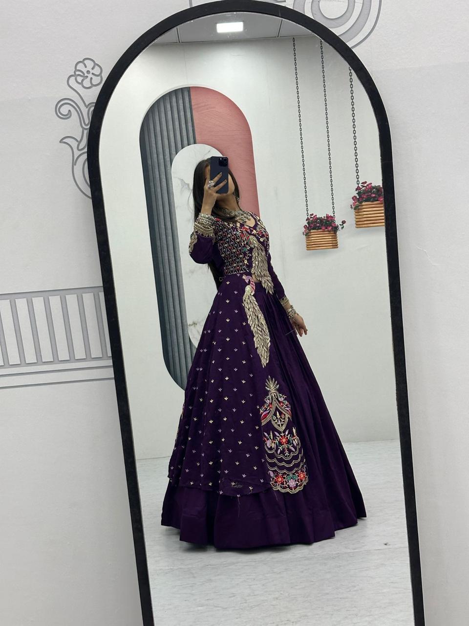 Mani purple Vichitra silk crop top peacock design lehenga with embroidered shrug