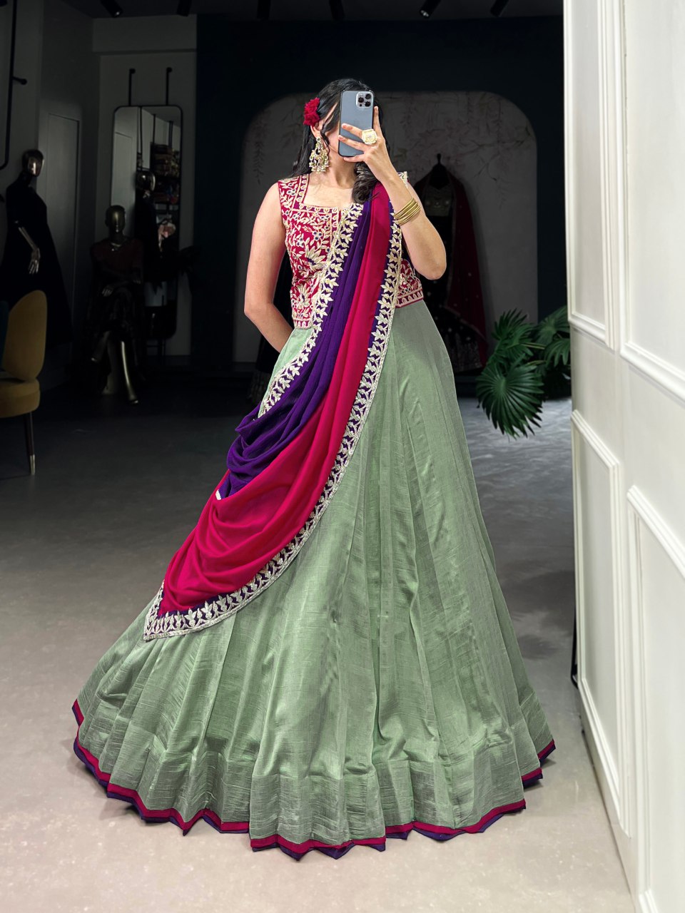 Vijyeshwari green silk sequins embroidered lehenga choli