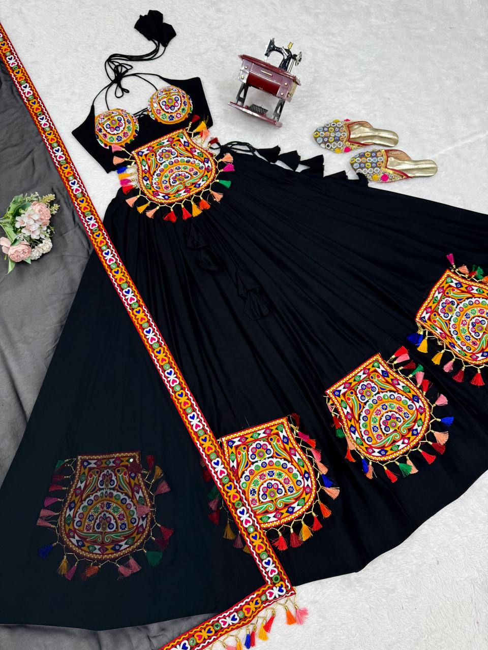 Black Rayon Gamthi Thread Mirror Work Navratri Lehenga Choli with Dupatta