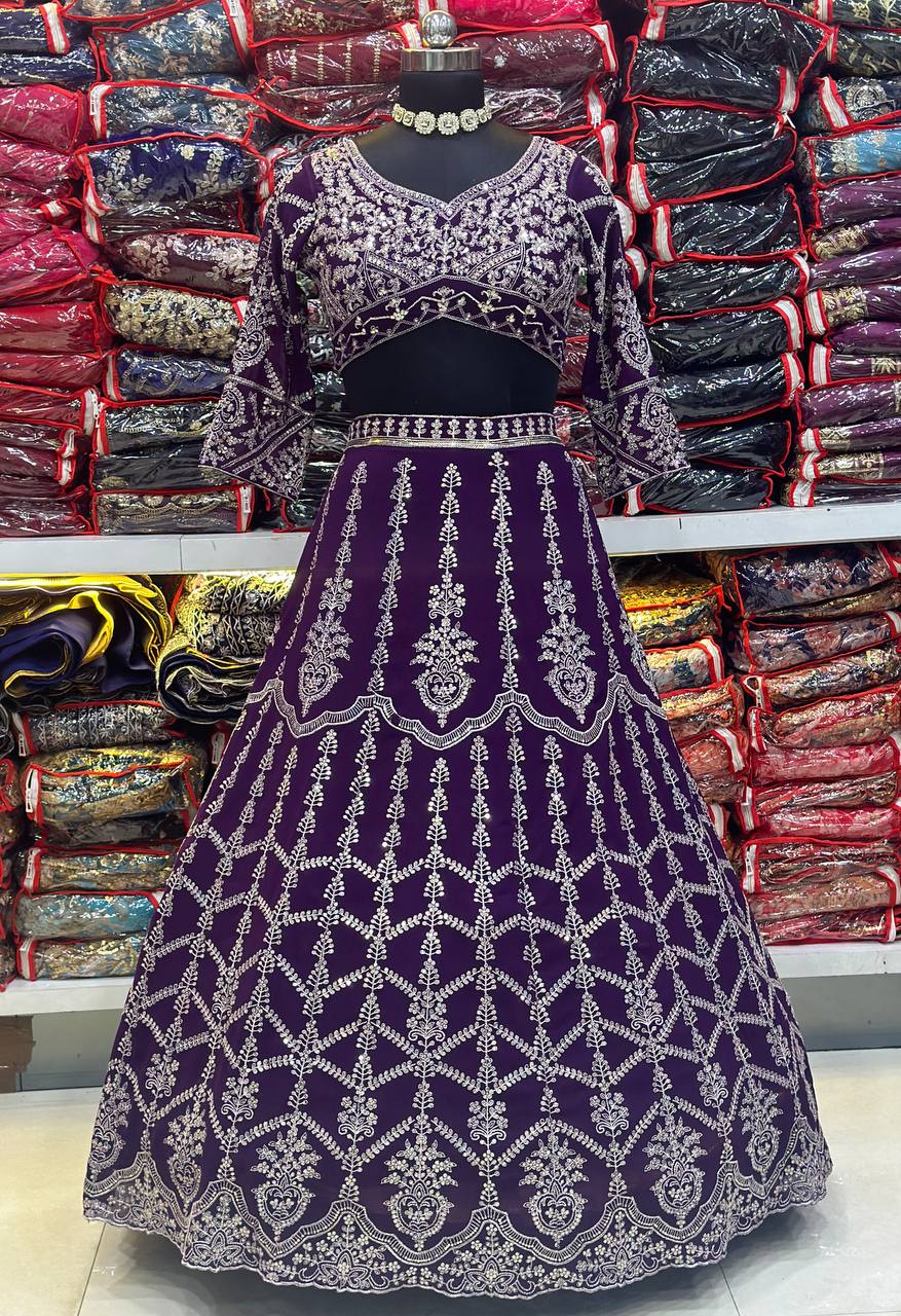Purple georgette sequins embroidered lehenga choli with net dupatta