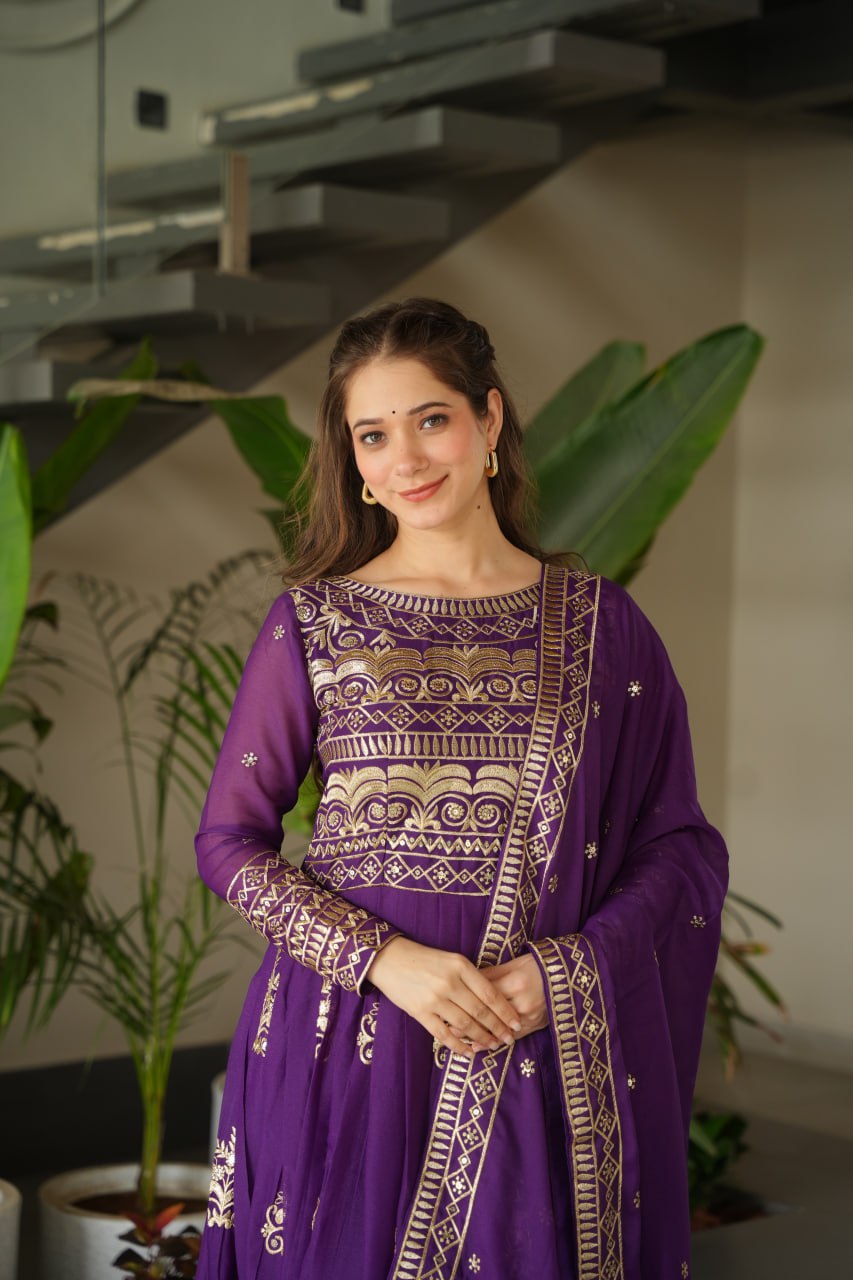 Purple Chinnon gown set with multi-colored sequins and beads embroidery, full sleeves, and matching embroidered dupatta – ideal for festive and wedding occasions