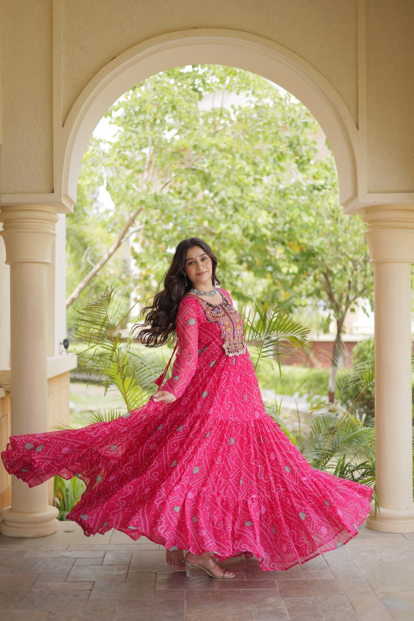 Ira Pink Faux Georgette Bandhani Kutchi Patchwork Gown