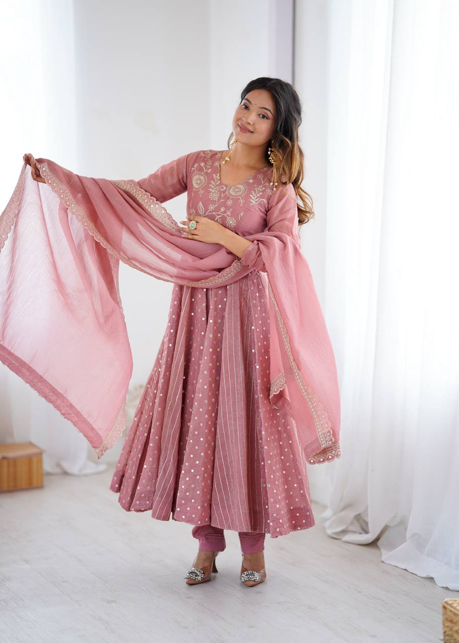 Peach Color Crunchy Silk Embroidered Anarkali Suit Set