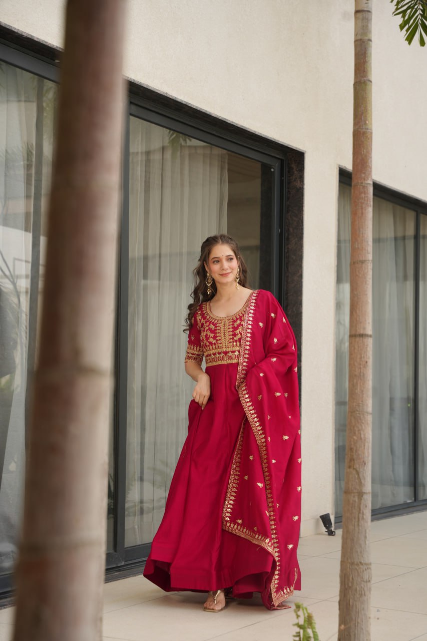 Aadishri Pink Vichitra Silk Gown with multi-sequins and zari embroidery – perfect Indian ethnic wear for weddings, party wear dresses for women, designer gown for women, traditional Indian dress, Indian clothing for women, ethnic wear for girls, gown for wedding function, Indian dress online shopping, full sleeve gown for women, festive wear for ladies.