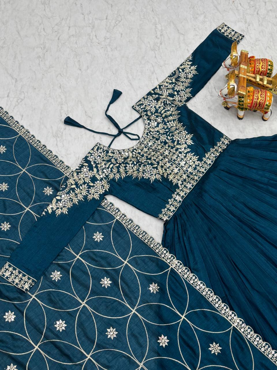 Piya Teal Blue Color Vichitra Silk Sequins Embroidered Gown with Dupatta