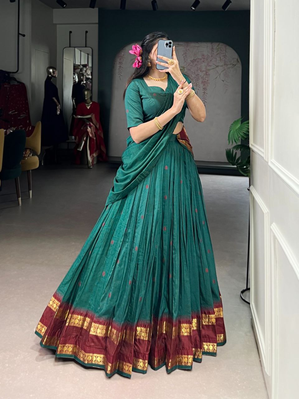 Green Color Pure Chanderi Zari Weaving Half Saree Lehenga Choli