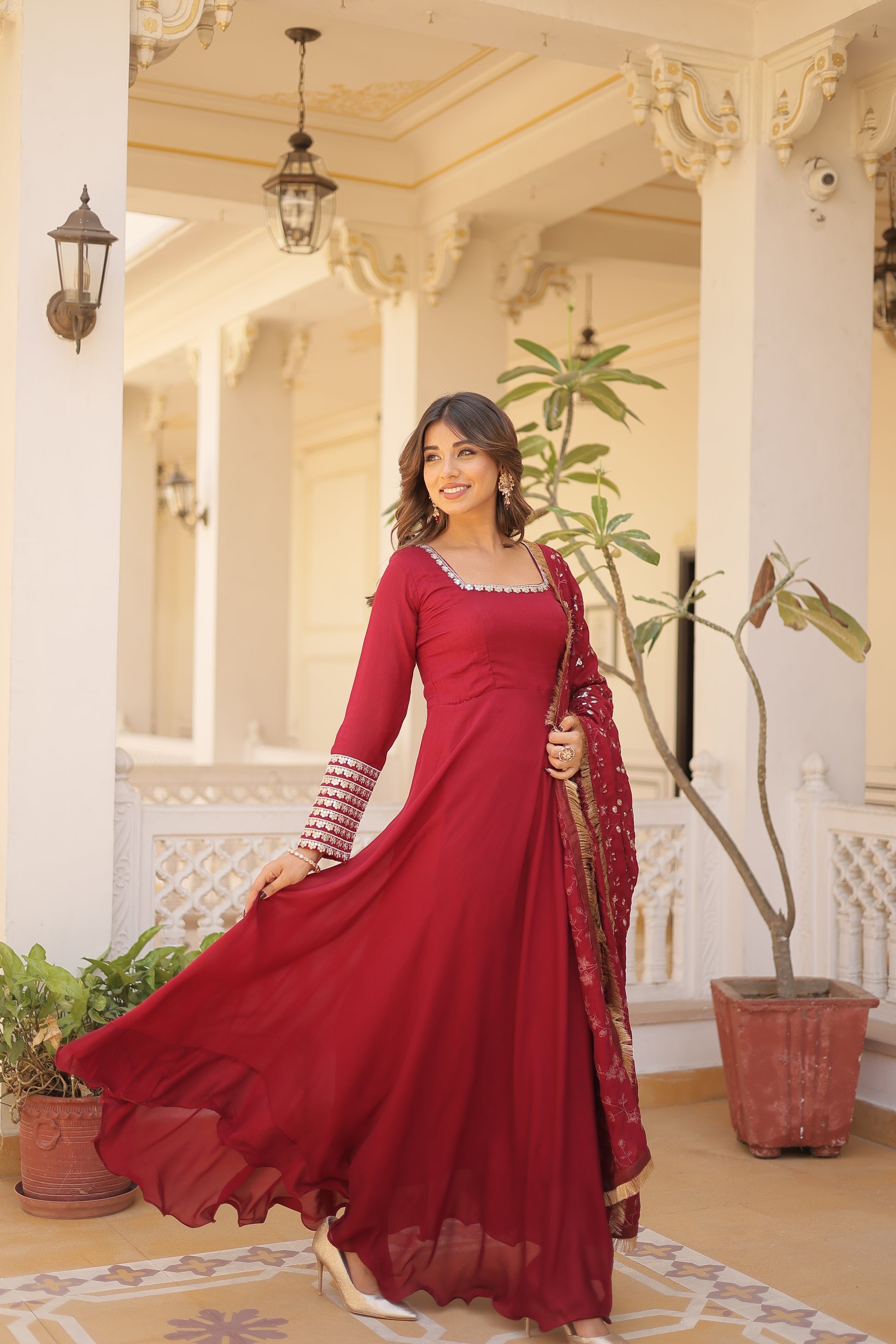 Aparajita Maroon Vichitra Silk Anarkali Gown Set