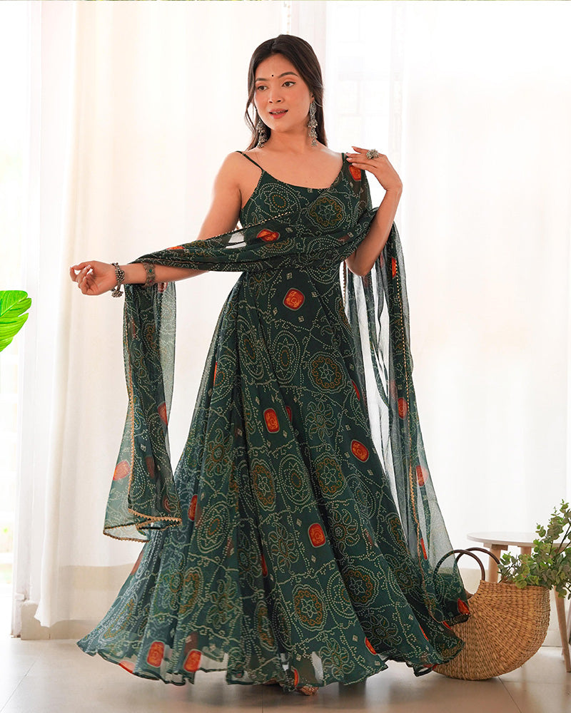 Manmayi green bandhani printed anarkali gown set