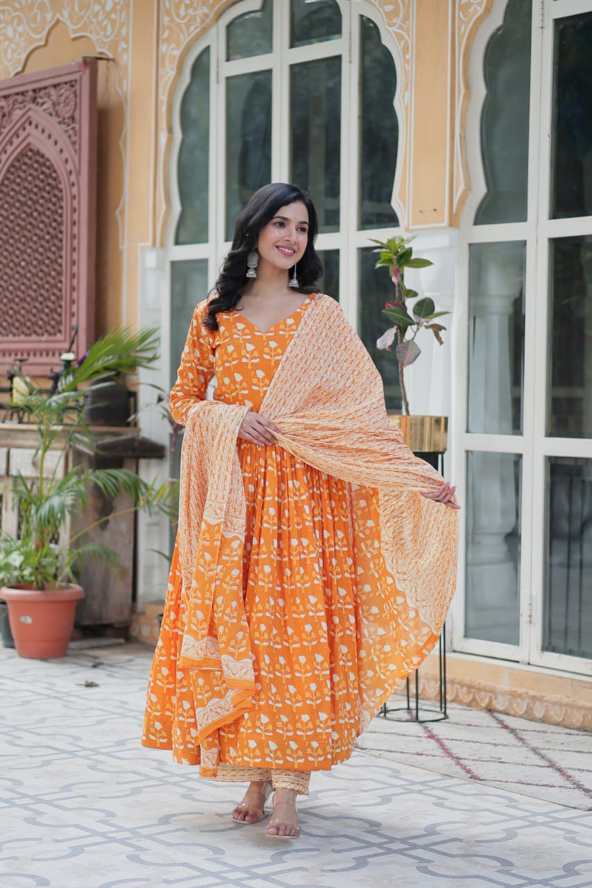 Ridhvini Orange Pure Cotton Printed Anarkali Set