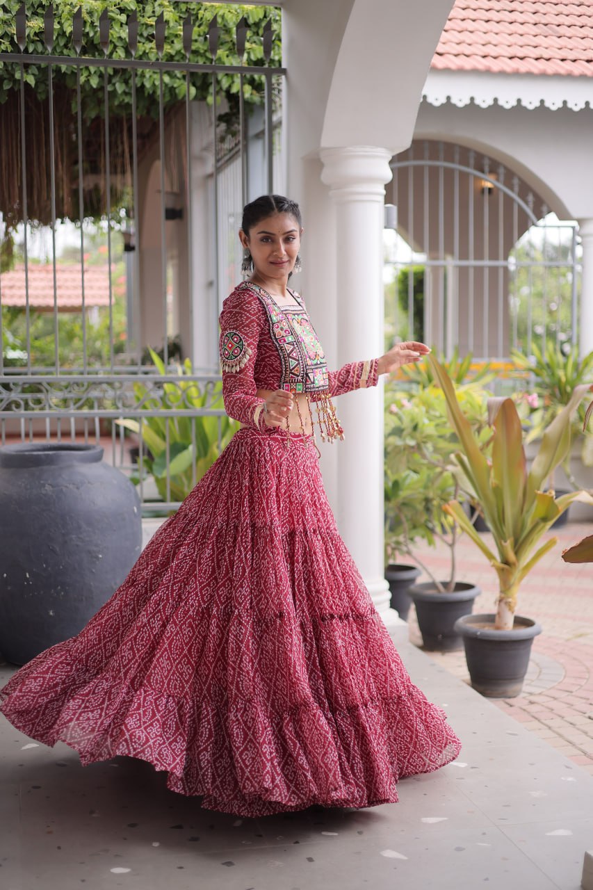 Anjali Brown Faux Georgette Bandhani Kutchi Patchework Lehenga