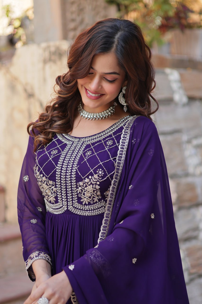 Chamvika Purple Designer Gown with Dupatta – party wear gown for women, long gown for wedding, Indian ethnic gown online, sequin embroidered gown, purple gown for reception, full sleeve gown dress, Indo western gown for girls, traditional Indian wear, stylish gown for engagement, readymade gown for festival, bridal gown with dupatta.
