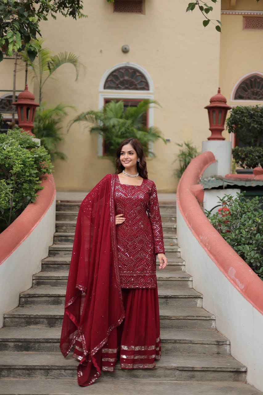 Lavya Maroon Georgette Embroidered Kurti Sharara Set