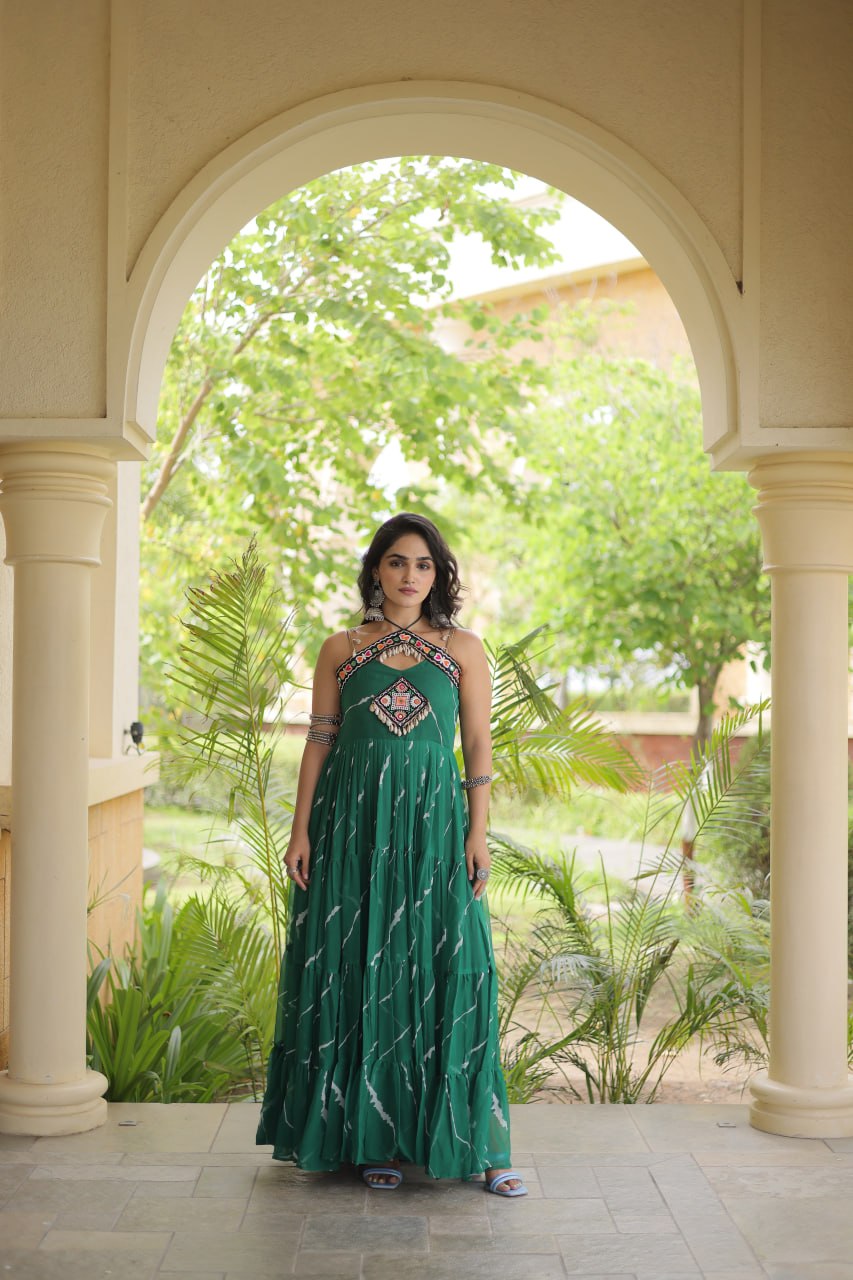 Bhavna Green Faux Georgette Laheriya Kutchi Patchework Gown