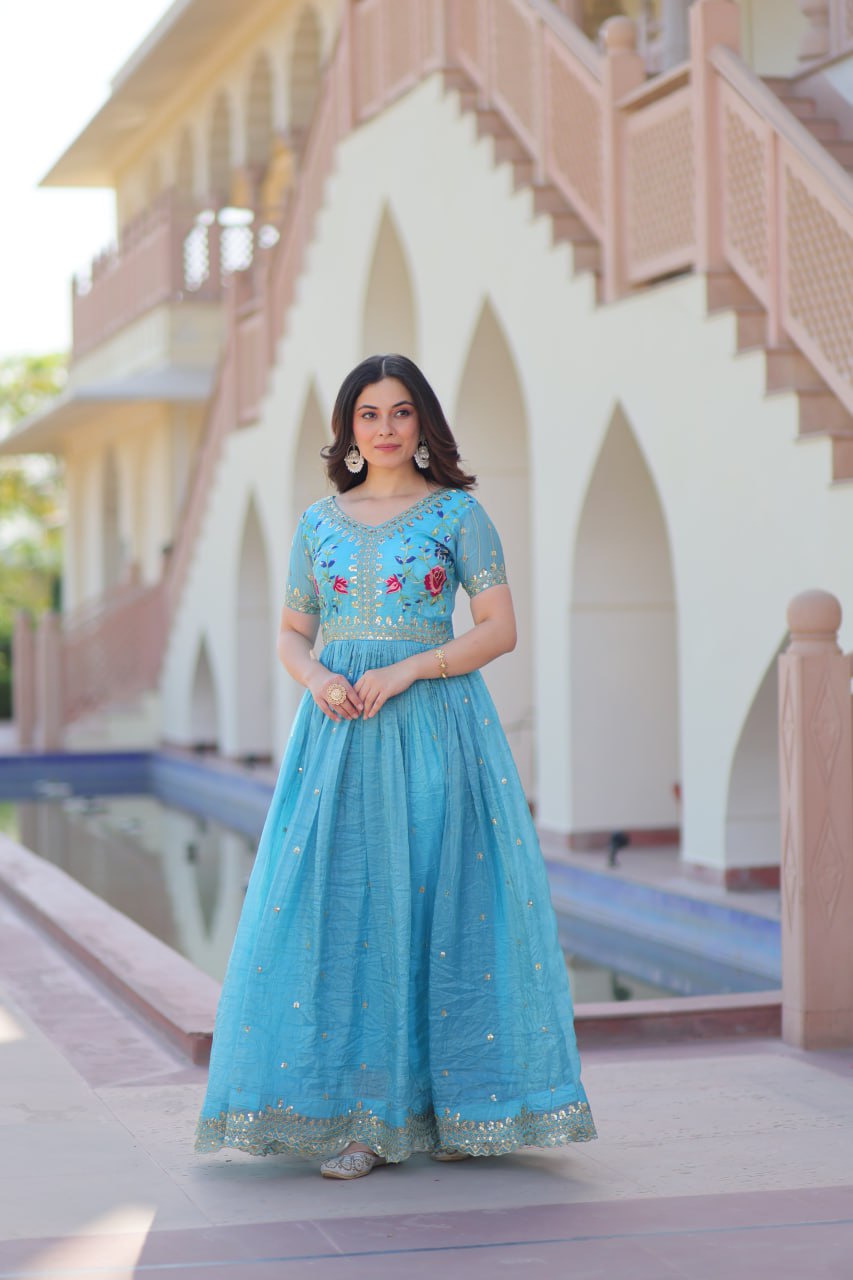 Sky Blue Gold Crush Zari Sequins Work Embroidered Gown