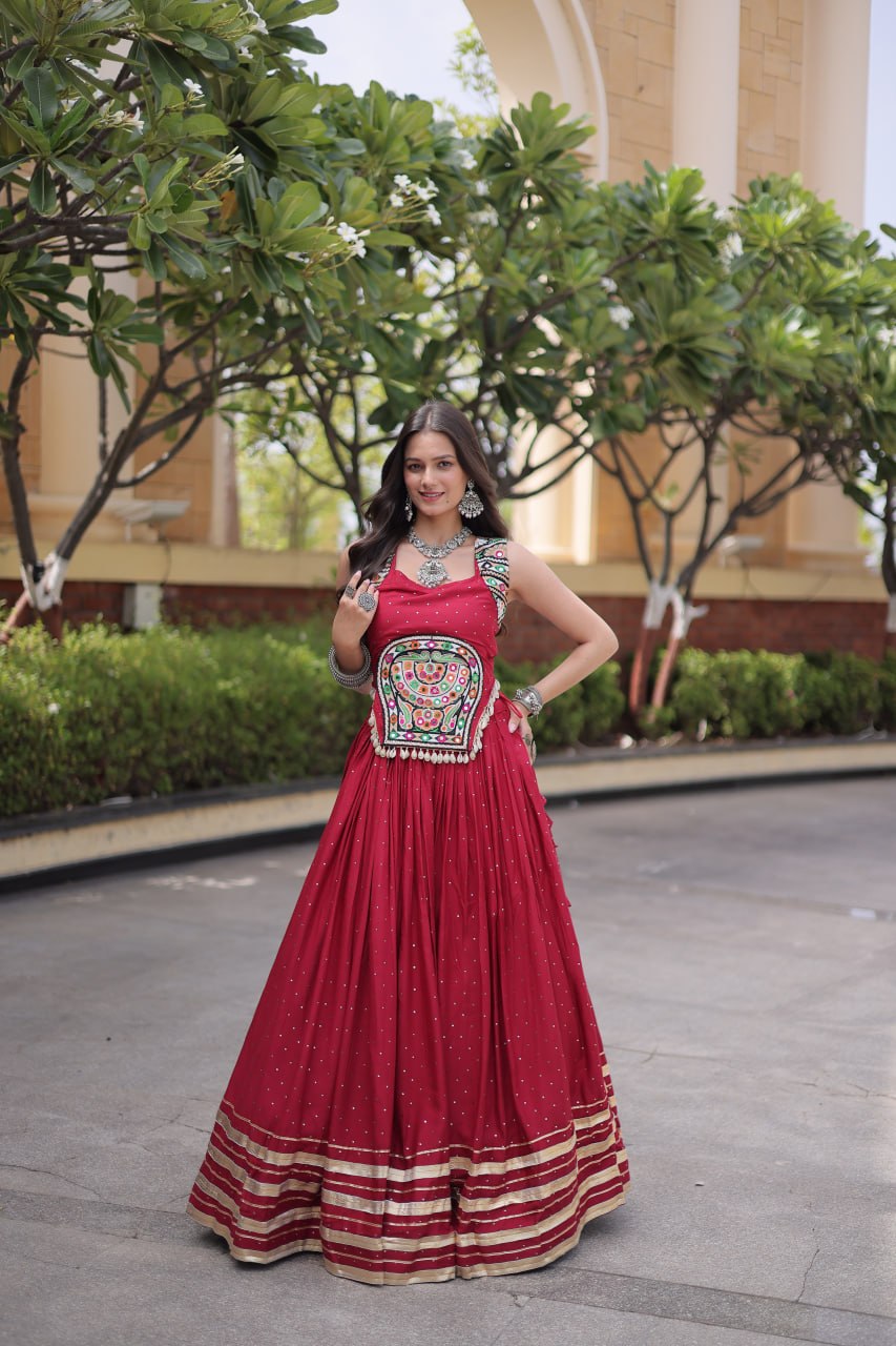 Yashvi Red Reyon Mukesh Patti Lace Lehenga Choli