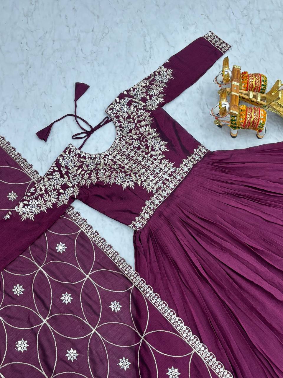 Piya Wine Color Vichitra Silk Sequins Embroidered Gown with Dupatta