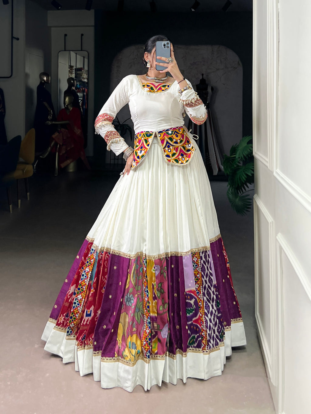 White multicolor pure rayon mirror Gamthi work patch design lehenga choli