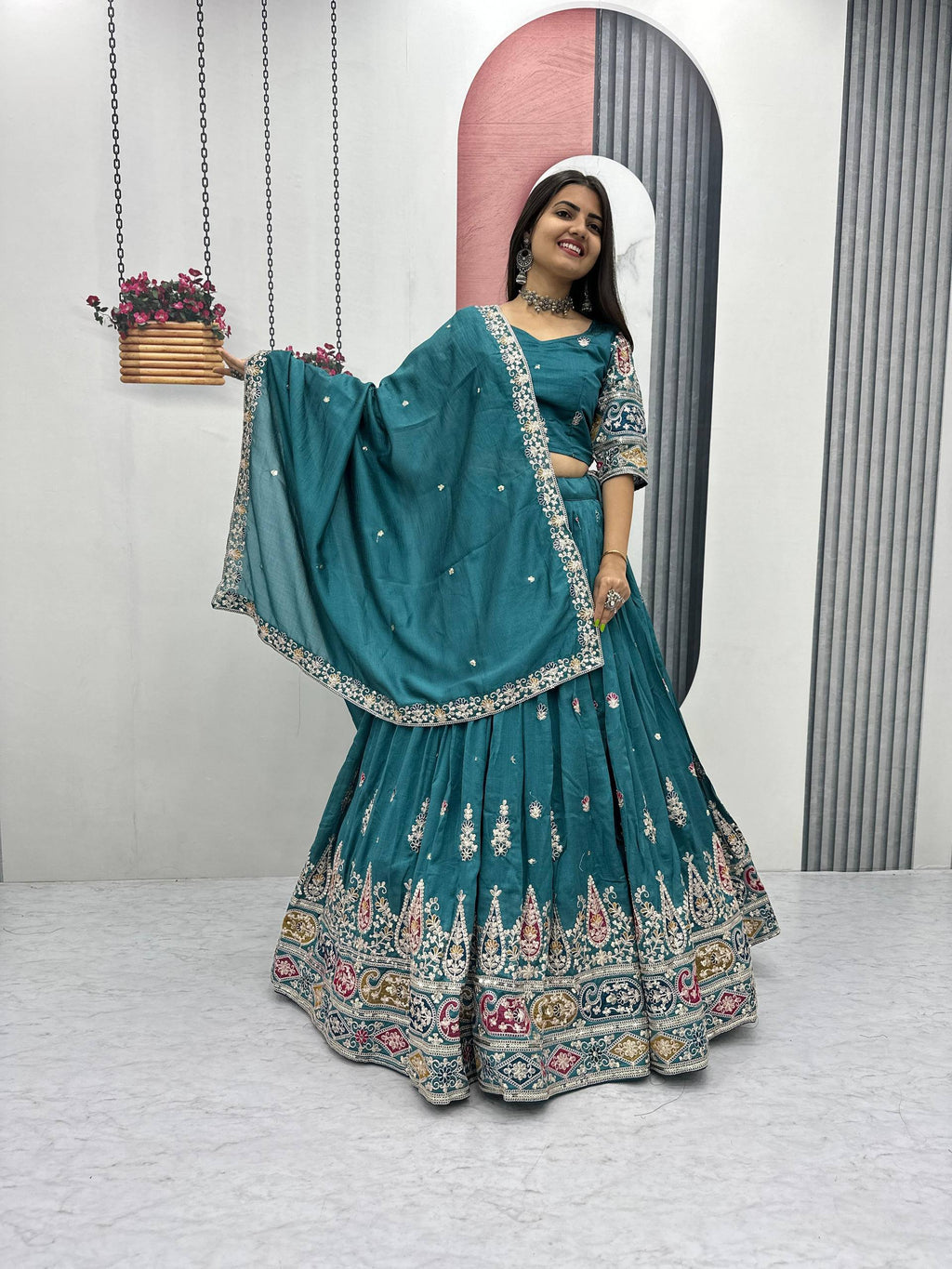 Raji Teal Green Vichitra Silk Embroidery Sequins Thread Work Lehenga Choli with Dupatta