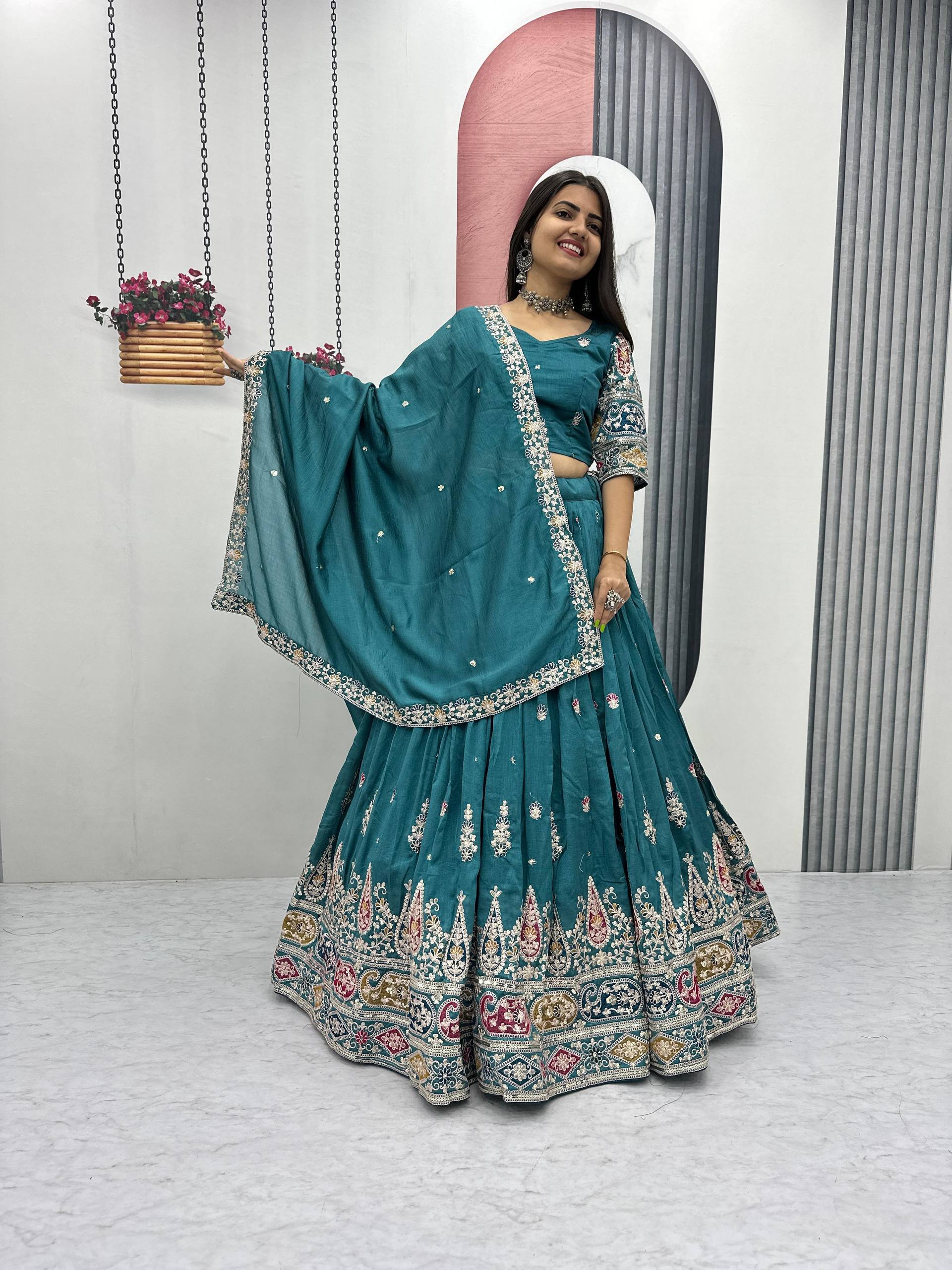 Raji Teal Green Vichitra Silk Embroidery Sequins Thread Work Lehenga Choli with Dupatta