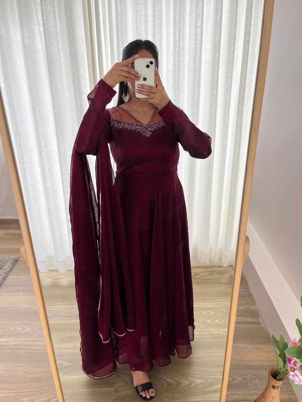 Manha Wine Georgette Embroidered Anarkali Gown Set