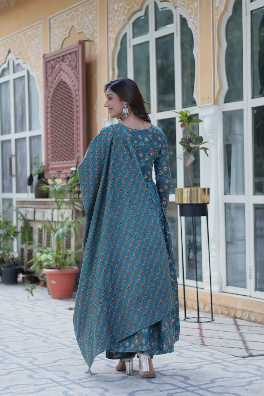 Blue pure cotton Anarkali suit set for women with soft dupatta, lightweight ethnic outfit featuring traditional block prints, flared kurta with matching pants, ideal for summer functions, daily Indian wear, office outfits, and casual ethnic fashion in breathable cotton fabric.