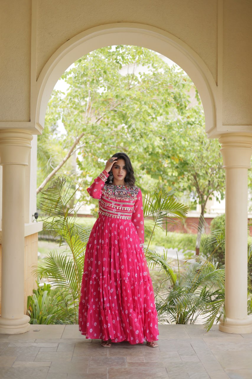 Lavanya Pink Faux Georgette Bandhani Kutchi Patchwork Gown